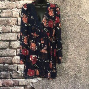Lulus Long Sleeve Faux wrap dress V Neck Size Small Floral and Navy